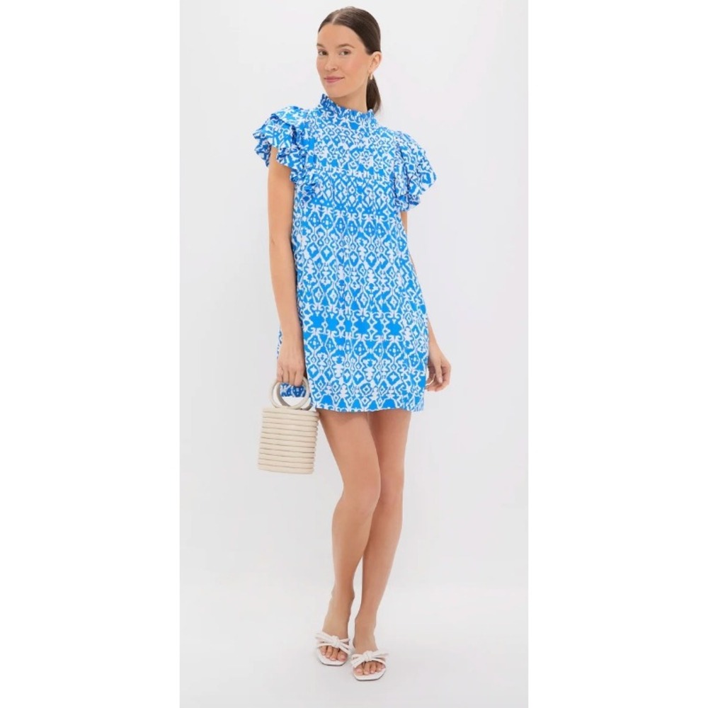 Tuckernuck Hyacinth House Blue Geo Ruffle Simmons Mini Dress (MSRP: $218) XS